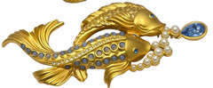 Elizabeth Taylor Avon Gold Koi Fish Brooch & Earrings Set, Faux Pearls