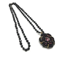 Vintage Jet Black Faceted Glass Strand Pink Clear Rhinestone Pendant Necklace