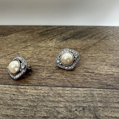 Vintage MONET Clip Earring Faux pearl PAVE crystal accent Silver tone .75 in