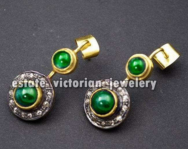 Vintage 0.60ctw Rose Cut Diamond Emerald Studded Silver Stunning Earring Jewelry