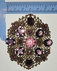 Vintage Oval Floral Brooch Magenta Purple Rhinestone Mid Century Gold Tone Metal