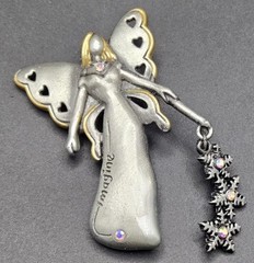 Vintage DD Signed Imagine Winter Fairy Angel Brooch Two Tone Pewter AB…