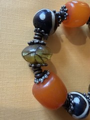 VTG 3 Bakelite Butterscotch Beads Bracelet / B&W artisan beads / metal spacers