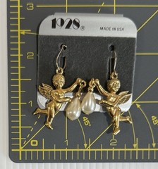 VTG 1928 Cherub Drop Faux Pearl Dangle French Wire Pierced Earrings 14K GF Wire