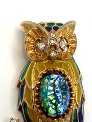 Vintage Florenza Owl Brooch Blue Green Foiled Cabochon Enamel Gold Tone Pin