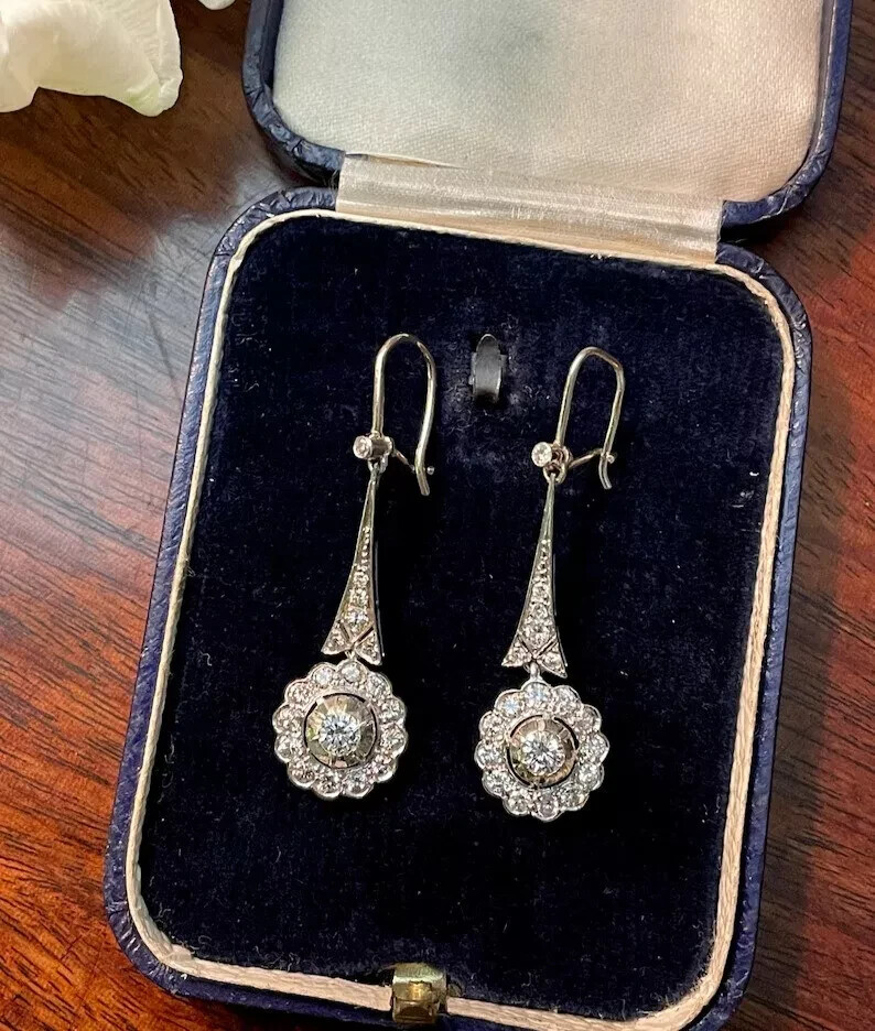 Art Deco Style Round Lab Created Diamond 14K White Gold FN Drop/Dangle Earrings