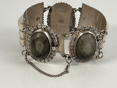 VINTAGE SILVER MEXICO BEIGE & WHITE AGATE PANEL BRACELET 7.25