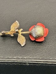 Vintage MCM 3D Matte Red Enamel Rose Brooch Pin Gold Tone Textured Stem Flower