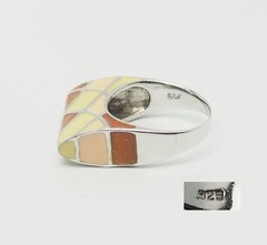 Vintage sterling silver brown pink yellow enamel funky geometry ring sz 8.5