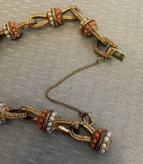 60s Vintage Bracelet Goldtone Faux Coral Seed Pearl Rope Open Knot Links 6.5″