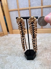Gold Tone Dangle Drop Pierced Earrings Dramatic Black Crystals 4″L