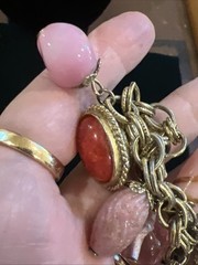 Vintage Unsigned Gold Tone Pink Art Glass Charm Horse Fob Bracelet 1960’s