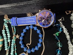 Vintage Blue Jewelry Lot Statement Necklaces Bracelets Working Watch 15 Pc