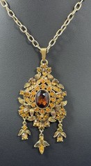 Vintage 60s Hollycraft Ornate Rhinestone Necklace Pendant Yellow Brown Gold Tone