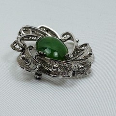 Vintage Sorrento Oval Jade Sterling Silver Brooch Pin Flower