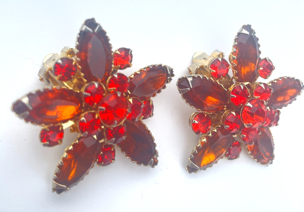 Vintage Orange Red Rhinestone Judy Lee Flower Earrings Clip On Signed