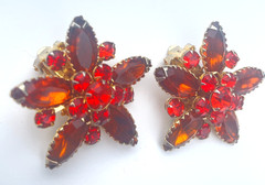 Vintage Orange Red Rhinestone Judy Lee Flower Earrings Clip On Signed