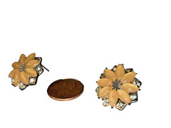 Vintage Early Plastic Earrings Rhinestone Floral Peach Tangerine Color Sparkle