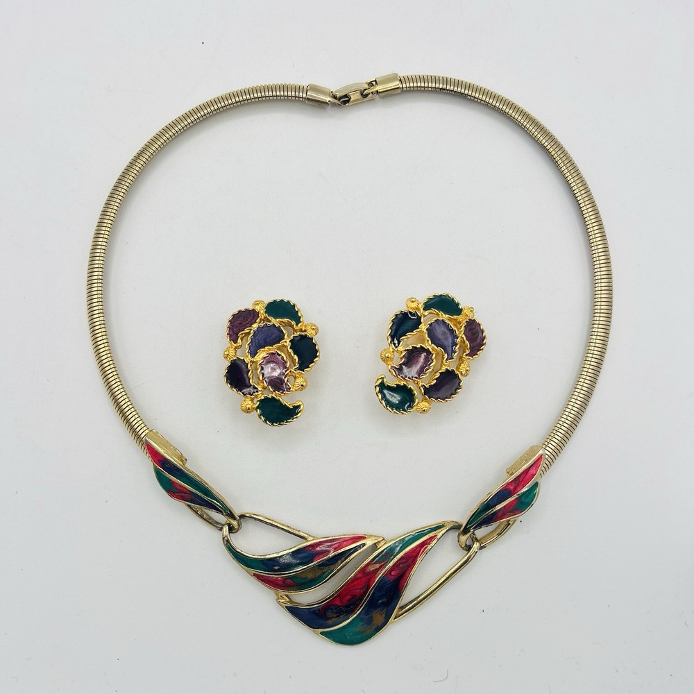 Vintage Necklace Earrings Set Enamel Omega Chain Gold Tone Pink Purple Green