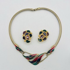 Vintage Necklace Earrings Set Enamel Omega Chain Gold Tone Pink Purple Green