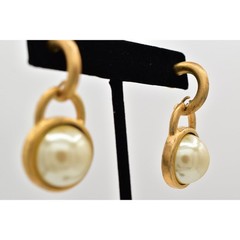 Vintage Pearl Drop Earrings Dangle Brushed Gold Matte Post Chunky NOS 1980s A23