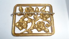 Vintage Rhinestone Brooch Pin Rectangle Art Nouveau Style 1950s