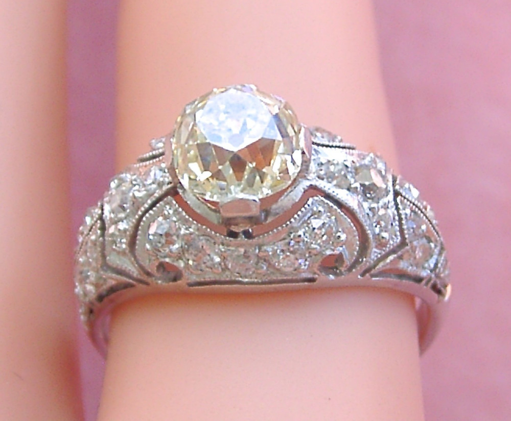 ANTIQUE ART DECO 1.52ct YELLOW EURO DIAMOND PLATINUM ENGAGEMENT RING 1930 sz 6.5