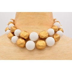Vintage Collar Choker Necklace Brushed Gold White Beaded Thick Chunky 1980s BinR