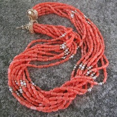 Vintage multi strand Coral Pearl and 14k gold necklace