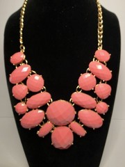 Orange Faceted Lucite & Gold Tone Metal Bib Statement Necklace 17″