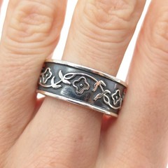 925 Sterling Silver Vintage Mexico Flower Oxidized Band Ring Size 11.25