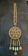 Vintage Signed Goldette Gold Tone Asian Dangles Statment Faux Jade Necklace