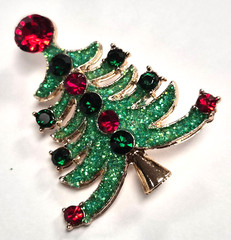 Estate Gold Tone Rhinestone & Green Glitter Christmas Tree Pin / Brooch