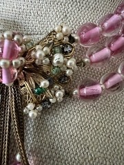 Early Miriam Haskell 3 Strand Pink Glass Filigree Wired Beads Festoon Necklace