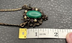 Vintage Victorian Revival Birds Green Cab Faux Pearl Rhinestone Pendant Necklace