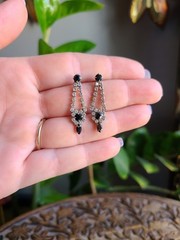 Vintage 1950s Jet Black Rhinestone Waterfall Dangle Earrings Hollywood Glam