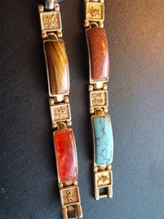 Vtg Multi Stone Inlay Panel Watch (works) Bracelet Set Chinese Symbol Good Luck