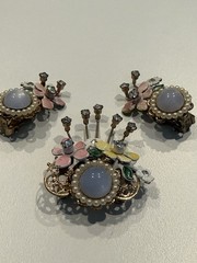 Vintage 1950s Floral Enamel Brooch & Clip-On Earrings Set Pastel Blue Cabochon