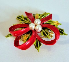 Vintage ART Arthur Pepper Holiday Brooch Spray Greens Fx.Pearls Red Enamel Bow