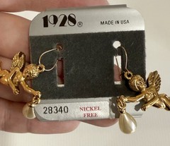 VTG 1928 Cherub Drop Faux Pearl Dangle French Wire Pierced Earrings 14K GF Wire