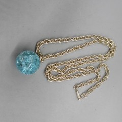 Vintage Germany Necklace Crackle Glass Blue Bead Pendant Gold Tone 24 Inch