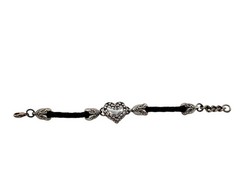 Vintage Brighton Plated Sterling Silver Heart Braided Black Leather Bracelet