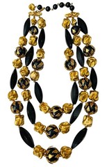 VTG DEAUVILLE LUCITE BLACK GOLD TRIPLE STRAND BEADS METAL SIGNED NECKLACE 12-14”