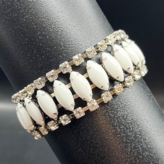 Mid-Century White Milk Glass & Rhinestone Bracelet, Silver-Tone, 1950s