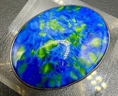 Vintage Sterling Silver Blue Green Marbled Art Glass Brooch Pendant 9.3g