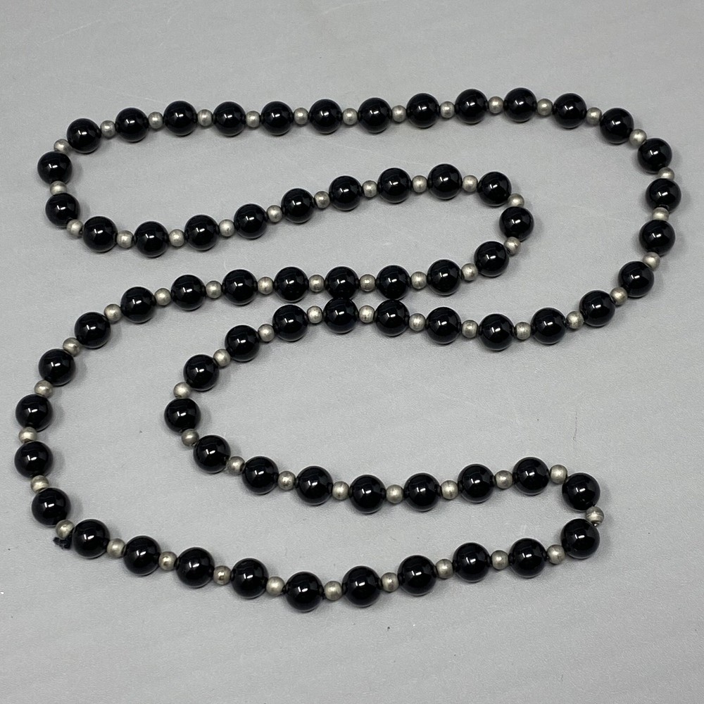 Beaded Stone Necklace Black Gemstone Endless Chakra Energy Silver Tone Spacer