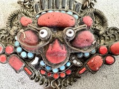 Vtg Tibetan Nepali HUGE 4″ WRATHFUL DEITY PENDANT Coral Turquoise Brass NECKLACE