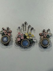 Vintage 1950s Floral Enamel Brooch & Clip-On Earrings Set Pastel Blue Cabochon