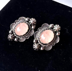 Vintage Rose Quartz Southwestern Stud Earrings Tested As Sterling Silver #22