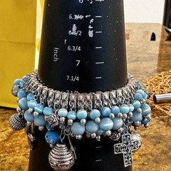 VTG Cha Cha Bracelet 7.75 Inch Expandable Silver Tone Blue Bead Cross Charms